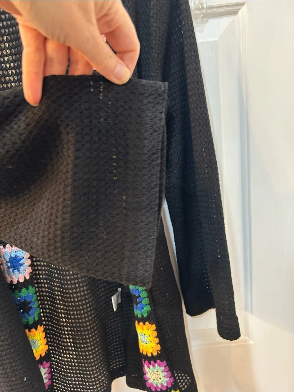 Rebellion‎ Again Rainbow Crochet Trim Black Cardigan Sweater Sz S Granny Square